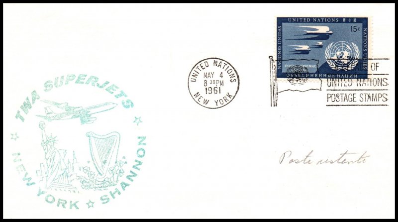 UN New York to Shannon,Ireland TWA 1961 First Jet Flight Cover