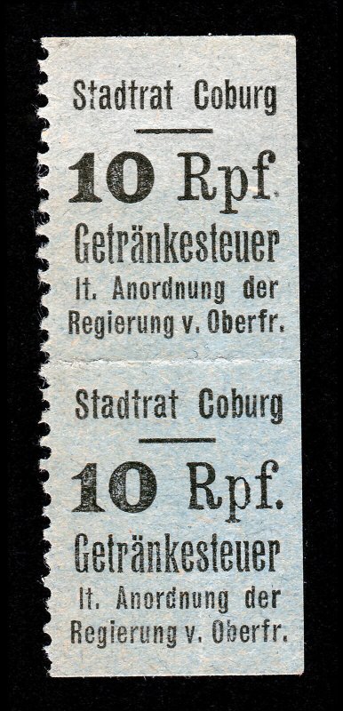 Stadtrat Coburg getränkesteuer 10 par de sello de Impuesto de bebidas RPF. 1930S Como Nuevo Nunca con Bisagras 