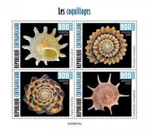 Central Africa - 2020 Seashells, Turban, Engina - 4 Stamp Sheet - CA200612a
