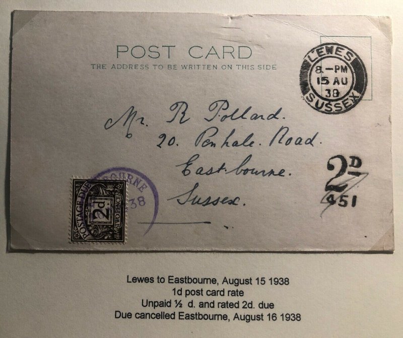 1938 Lewes England Postage Due Postcard Cover To Eastbourne