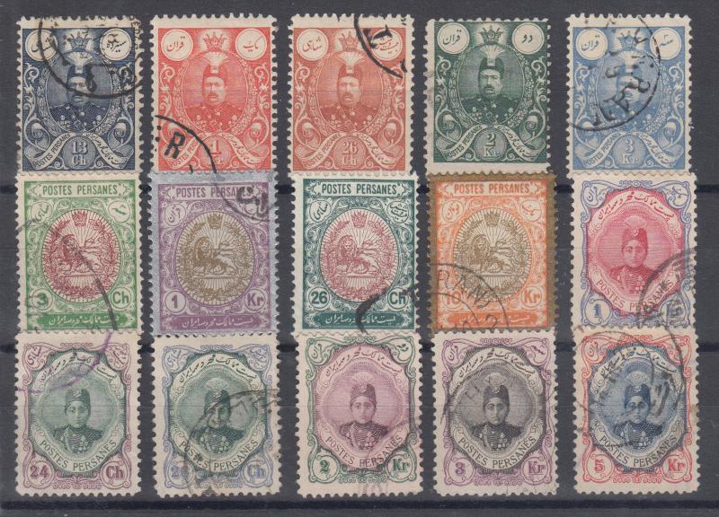 Iran Sc 434/497 used. 1907-11 issues, 15 different, sound group.