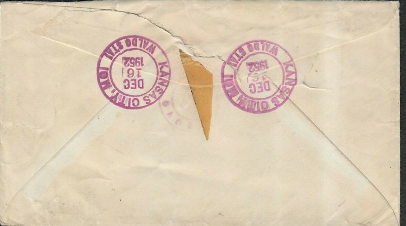 1952 Prexie Cover 25c McKinley, 50c Taft, $1 Wilson Kansas City MO Airmail Reg.
