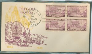 US 783 1936 3c Oregon Territory Centennial (block of four) on an unaddressed FDC with a Walla Walla, WA cancel and an unknown ca