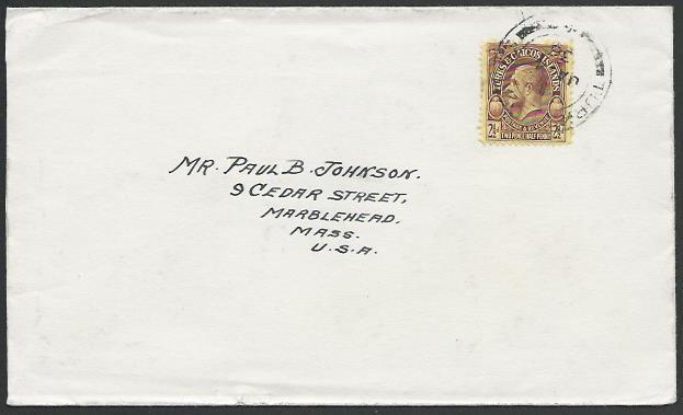 TURKS & CAICOS 1936 cover to USA, GV 3d, TURKS ISLAND cds.................53112