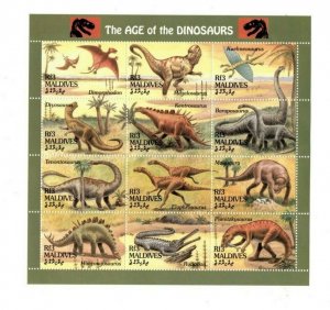 Maldives 1994 - Prehistoric Dinosaurs - Sheet of 12 Stamps - Scott #1969 - MNH