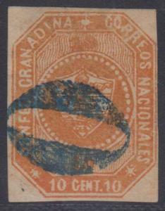 COLOMBIA 1859 Sc 4e RED ORANGE CHOICE BLUE NUMERAL 0 CANCEL SCV$90.00 