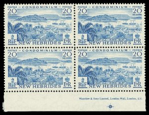 New Hebrides 1957 QEII 20c ultramarine Imprint block of four MNH. SG 87.