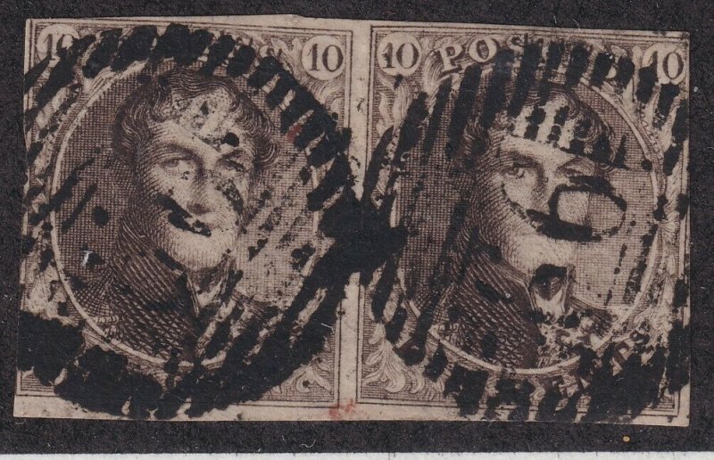 Sc# 3 Belgium 1850 used pair King Leopold I 10¢ brown thin paper CV $200.00