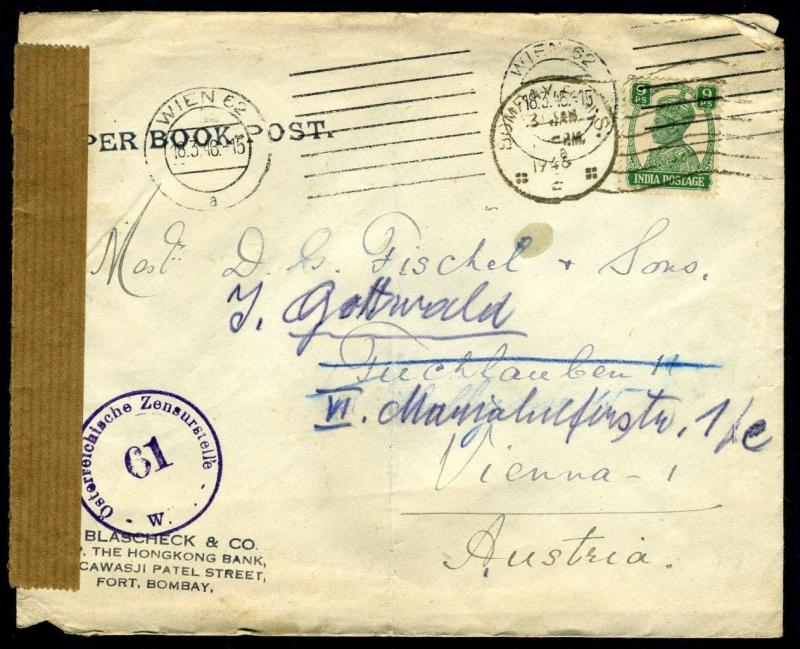 BOMBAY INDIA CENSORED COVER 1/3/1946 TO VIENNA AUSTRIA