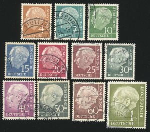 GERMANY Sc 703, 706, 708-15, 719 F-VF/USED - 1954 Theodor Heuss Defin.