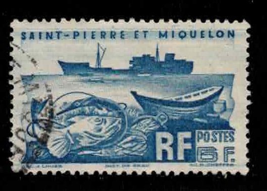 ST PIERRE & MIQUELON Scott # 338 Used 1 - Fishing Trawler & Fish