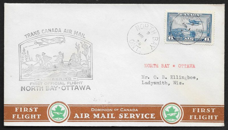 CANADA First Flight Cover c1939 North Bay to Ottawa