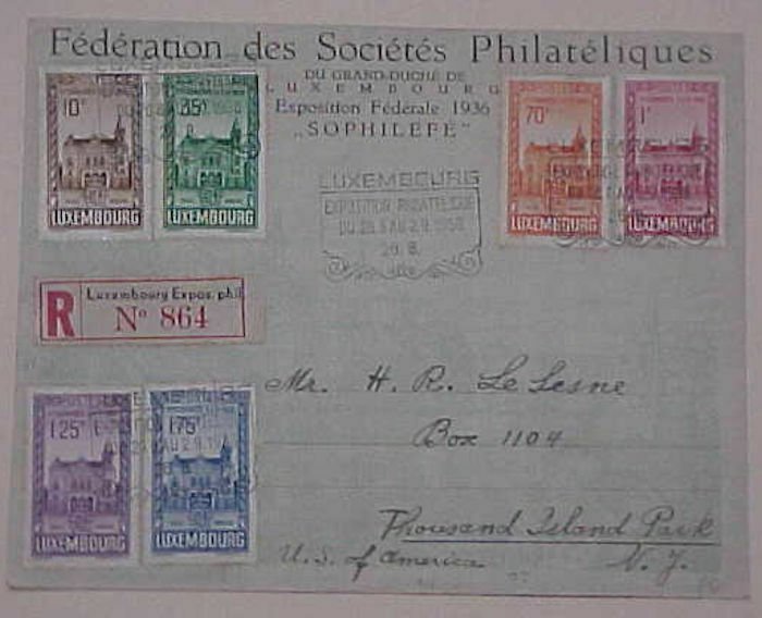 LUXEMBOURG  FDC 1936 REGISTERED 2 US BACKSTAMP