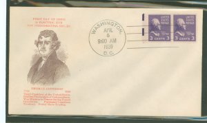 US 807EE 1939 3c Thomas Jefferson (presidential/prexy definitive series) experimental electric eye printing process (pair) on an