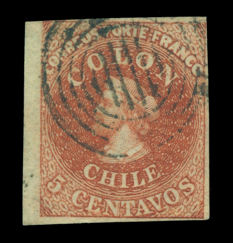 CHILE 1854  COLUMBUS  5c hazelnut  Scott # 3 used  VF