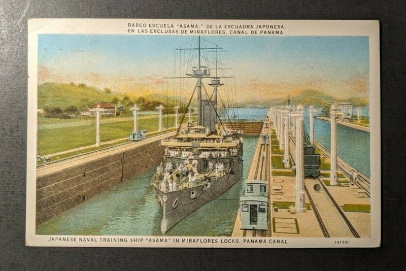 Vintage Japanese Naval Training Ship Asama Panama RPPC Cover to NY USA Overprint