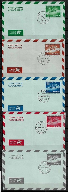 ISRAEL STAMPS. SET OF 5 AEROGRAMME AIR LETTER SHEETS. 1955-1960