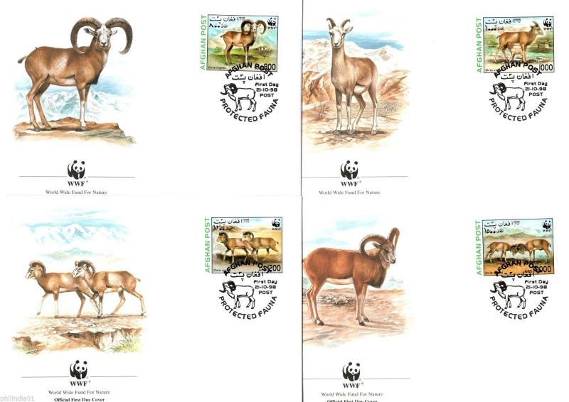 Afghanistan 1998 WWF Urial Wild Sheep Mammal Wildlife Animals Set of 4 FDCs