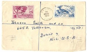 Togo 1951 Neat reg airmail cover to USA franked 25f, 6f pictorials, Senegal ca