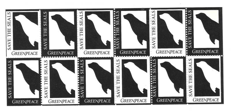 Save The Seals Greenpeace sheet of 12 MNH Charity Cinderella Poster Stamps