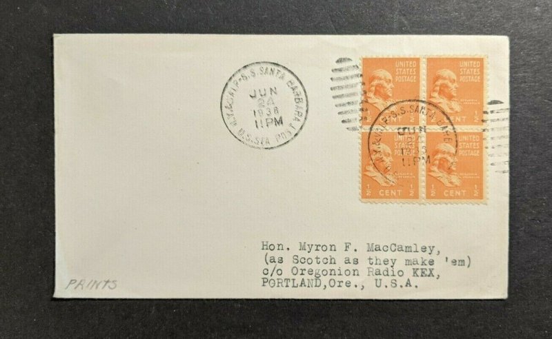 1938 SS Santa Barbara Sea Post Cover to Portland OR