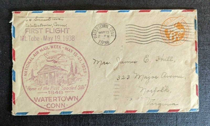 1938 Watertown CT First Flight Airmail Week Cover to Norfolk VA