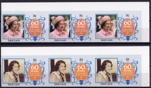 St.Lucia 1986 QUEEN'S 60th.BIRTHDAY Strip of 3 SETS  IMPERFORATED MNH