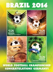 BEQUIA 2014 - Brazil World Football Soccer Championship - SHEET OF 4 STAMPS MNH