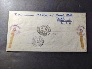 1938 Registered USA Airmail Cover Beverly Hills CA to Zurich II Switzerland