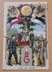 WWI German Feldpost Postcard w Flags Gruß aus Hanau Germania Soldier Patriotic