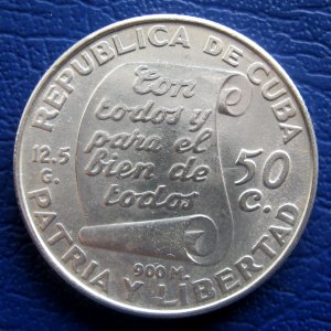 1953 Cuba Coin 50c Jose Marti Centenary Silver Coin AU+