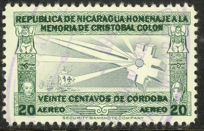 NICARAGUA 1945 20c COLUMBUS LIGHTHOUSE Airmail Issue Sc C266 VFU