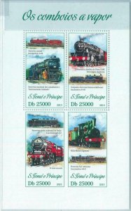 M1628 - S TOME & PRINCIPE, ERROR, 2013, MISPERF SHEET: Steam Locomotives, Trains