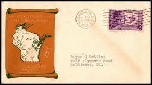 11164 OAS-CNY FDC SCOTT 739 – 1934 3c Wisconsin 300TH BEVERLY HILLS #19a $40