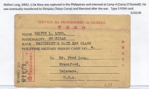 Philippine POW Camp #4, Camp O'Donnell to Frankford, De 1943 Type 3 Card (C5099)