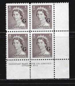 CANADA - #O33 - 1c QUEEN ELIZABETH II KARSH G OVERPRINT LR PLATE #2 BLOCK MLH