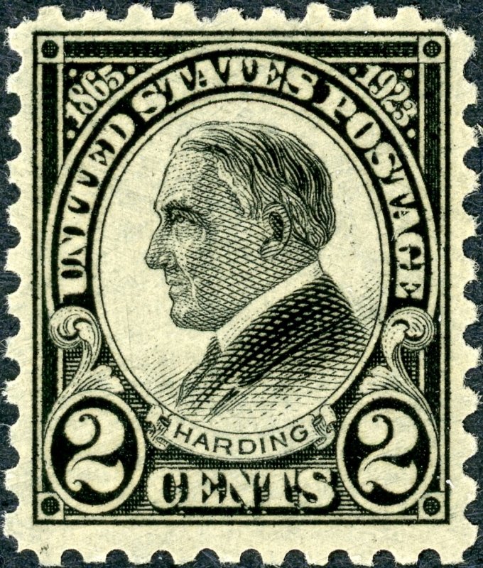 #612 – 1923 2c Harding, black, perf 10. MLH. OG. VF.