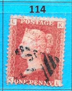 GB QV 1868 SG43 / 44, 1d Penny Red, Good Used, Plate 114 (KL) IRISH PMK