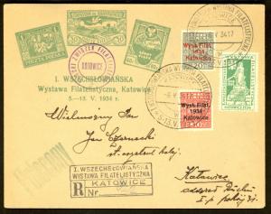 POLAND 1934 KATOWICE PHILATELIC EXHIBITION Set + Label on Cachet Reg Cover.