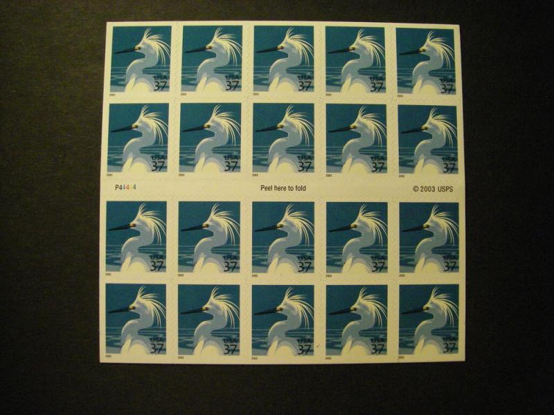 Scott 3830De, 37c Egret, Pane of 20, #P44444, MNH Booklet Beauty, CV $110