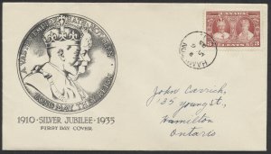 1935 #213 3c George V Silver Jubilee FDC, Medalion Cachet, Hamilton CDS