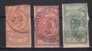 ITALY STAMPS. 1920s, FISCAL REVENUE TAX 3 STAMPS, USED