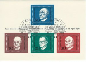 Germany Scott 982 / Michel Block 4: 1968 Adenauer & Churchill Sheet, VF-CDS FDC