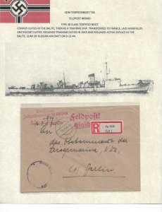 WW2: German Naval Feldpost M-09949 KDM Torpedo Boat T-18 8/19/44 Regis. (54672)