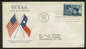 938 TEXAS FDC AUSTIN, TX 12/29/45 GRIMSLAND CACHET FIRST DAY COVER