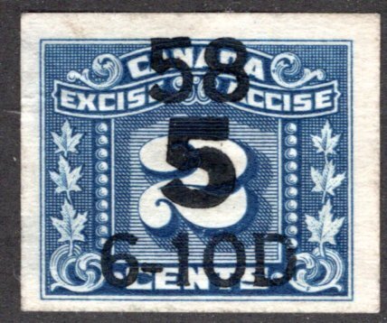 van Dam FX136, 5 on 2c, Overprint on Imperforate, NGAI, Canada Federal Excise