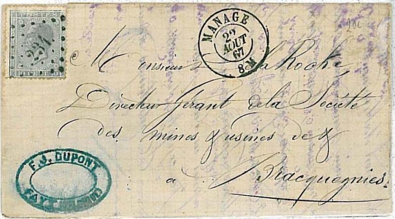 BELGIUM BELGIQUE: POSTAL HISTORY COVER - 1867