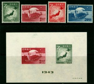 JAPAN  1949  75th ANNIV. of UPU  set + BLOCK S/S  Sk# C167-171  MINT MH