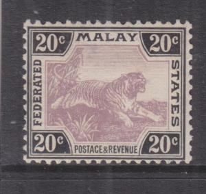 FEDERATED MALAY STATES, 1905 Crown CA, Chalky paper, 20c. Mauve & Black, lhm.