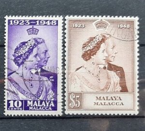 MALACCA MALAYA MALAYSIA 1948 KGVI SILVER WEDDING SG 55 - 56 USED 